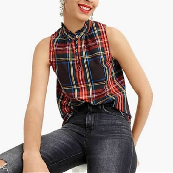 J. Crew Tops - J. Crew Stewart Tartan Plaid Ruffle Neck Cotton Sleeveless Top Multi Size 4